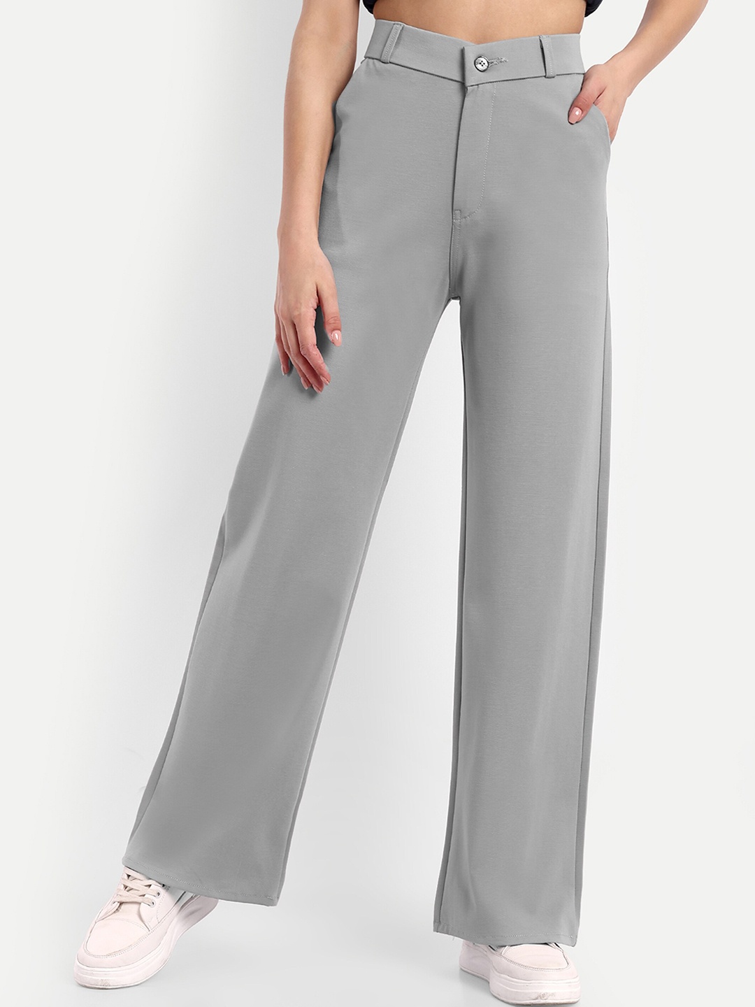 

Next One Women Smart Loose Fit High-Rise Easy Wash Parallel Trousers, Grey