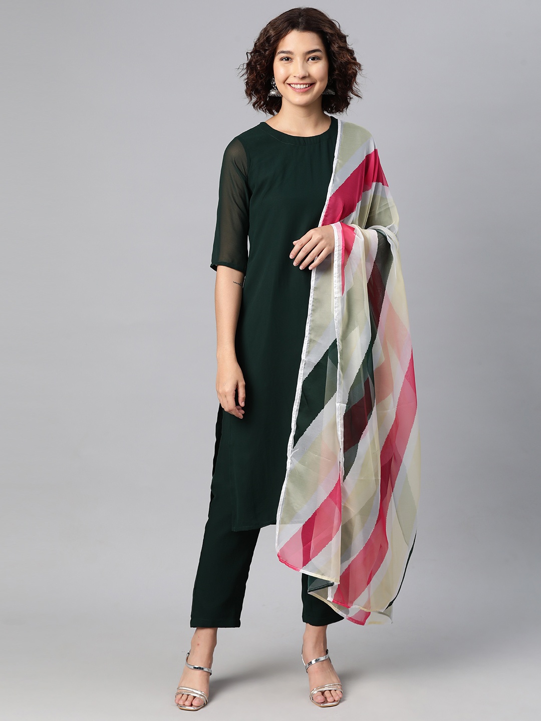

V TRADITION Women Regular Kurta with Trousers & With Dupatta, Green