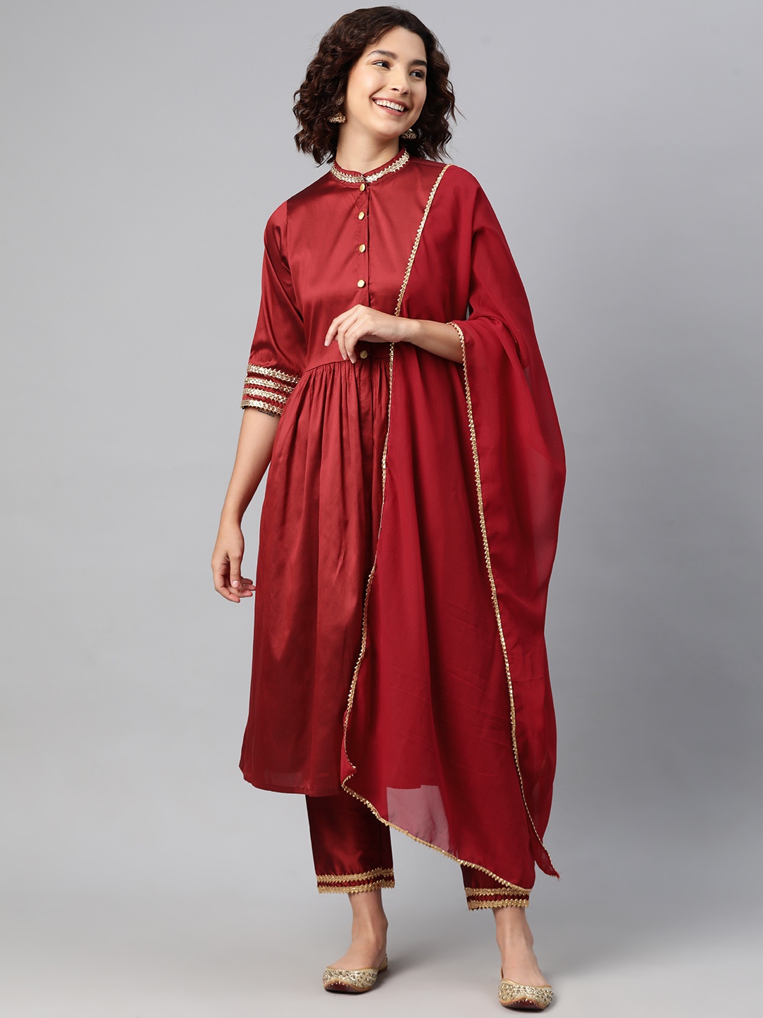 

V TRADITION Women Regular Gotta Patti Kurta with Trousers & With Dupatta, Maroon