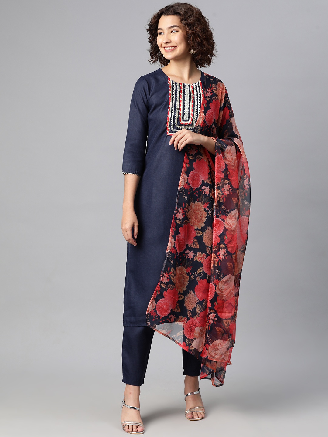 

V TRADITION Women Yoke Design Regular Gotta Patti Kurta with Trousers & Dupatta, Navy blue