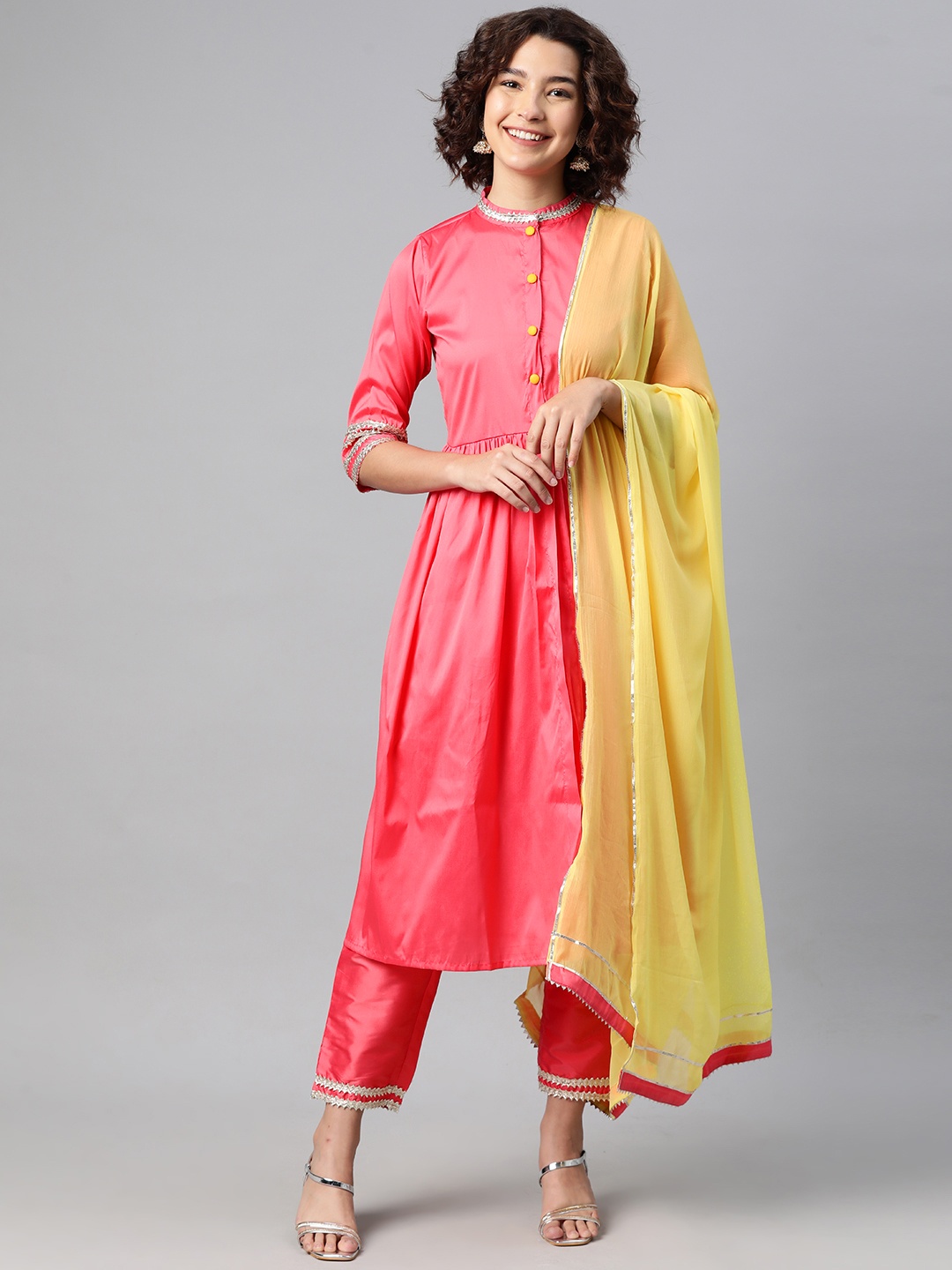 

V TRADITION Women Regular Gotta Patti Kurta with Trousers & With Dupatta, Coral