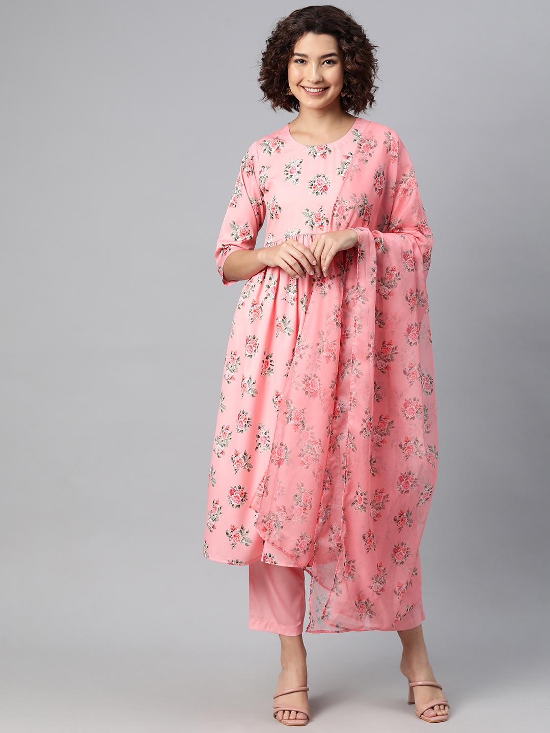 

V TRADITION Women Floral Printed Pleated Kurta with Trousers & With Dupatta, Pink
