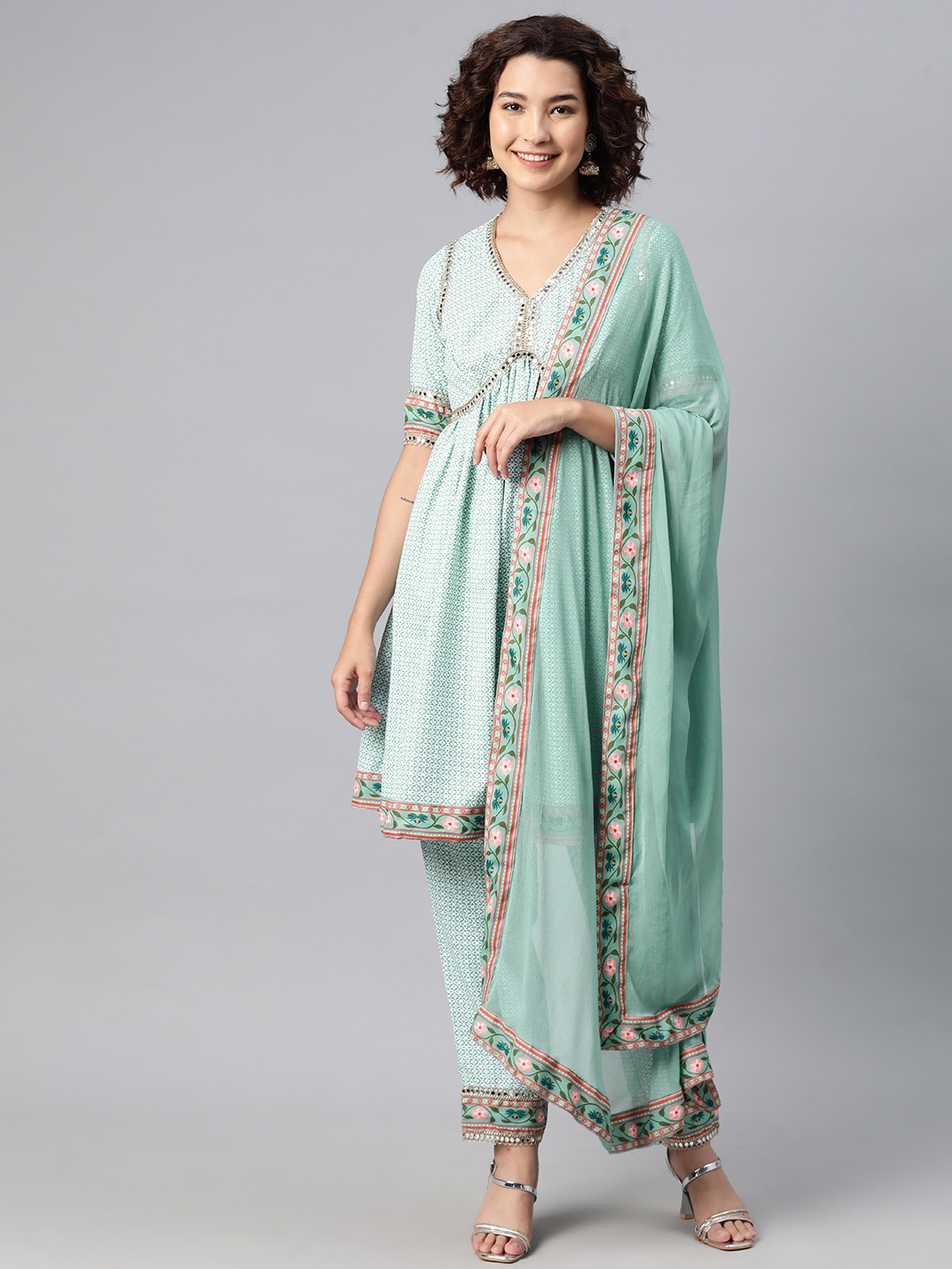 

V TRADITION Ethnic Motifs Printed Pleated Gotta Patti Cotton Kurta with Trousers & Dupatta, Sea green
