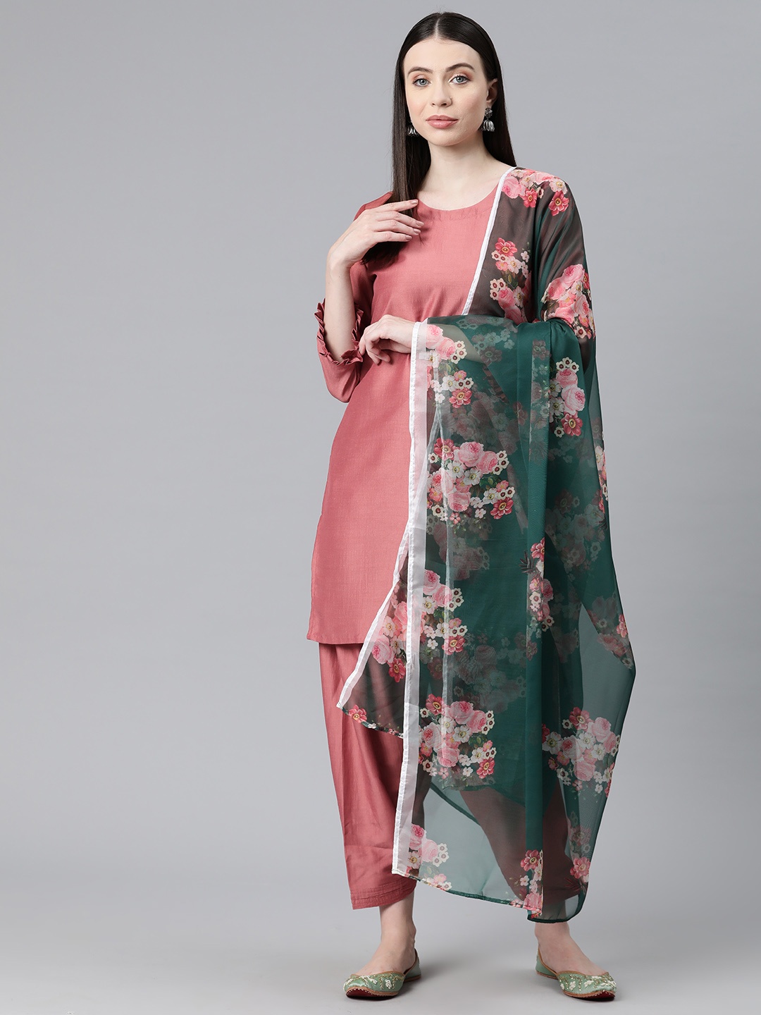 

V TRADITION Women Regular Pure Cotton Kurta with Trousers & With Dupatta, Rust