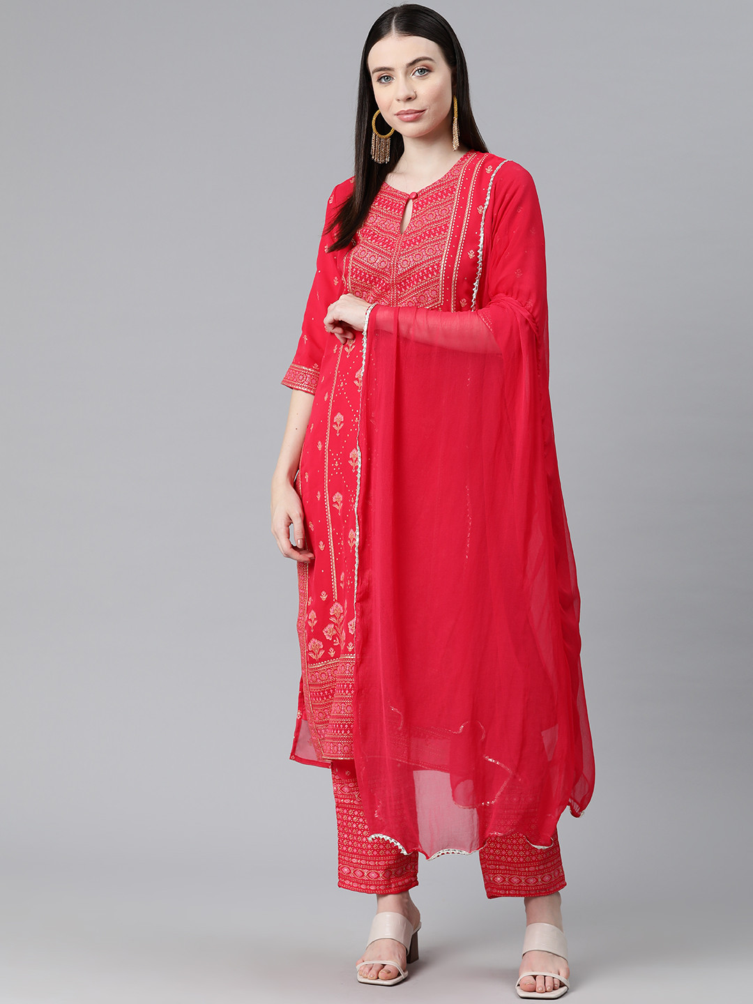 

V TRADITION Women Ethnic Motifs Printed Regular Gotta Patti Kurta with Trousers & Dupatta, Red
