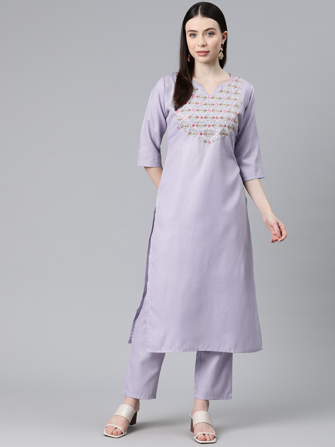 

V TRADITION Women Floral Yoke Design Regular Mirror Work Kurta with Trousers, Lavender