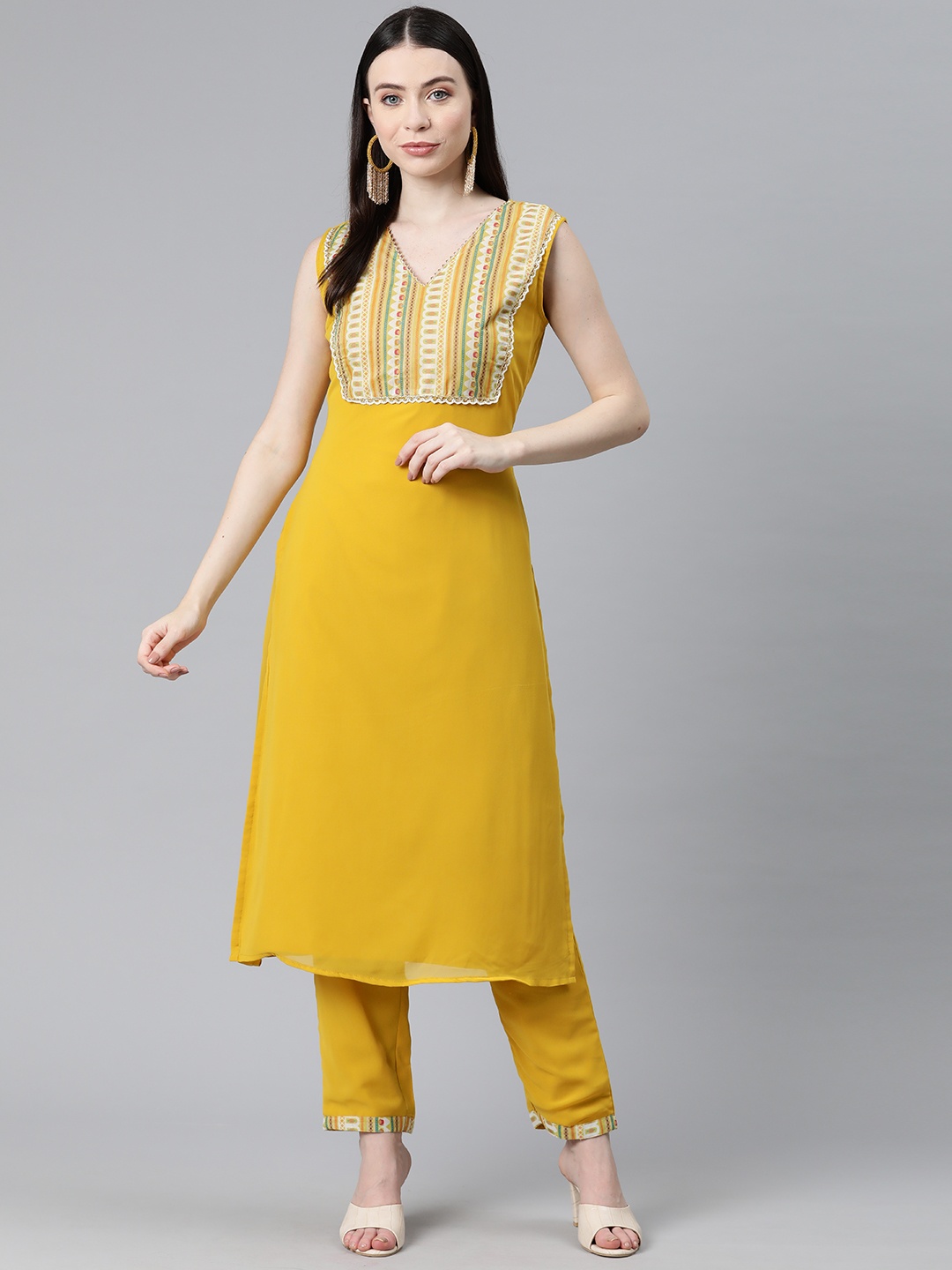 

V TRADITION Women Yoke Design Regular Gotta Patti Kurta with Trousers, Mustard