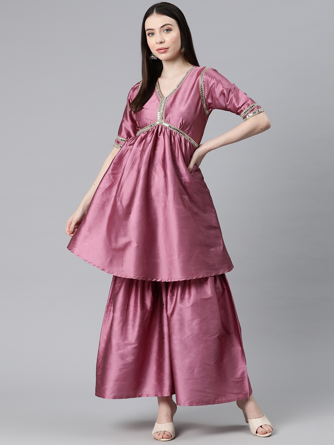 

V TRADITION Women Yoke Design Pleated Gotta Patti Kurta with Trousers, Pink