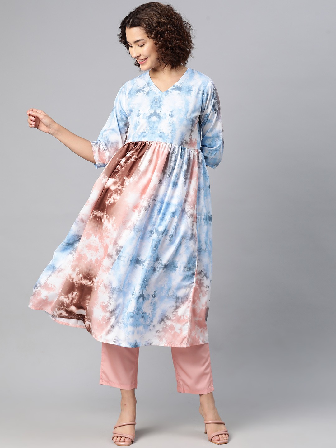 

V TRADITION Women Dyed Empire Kurta with Trousers, Turquoise blue