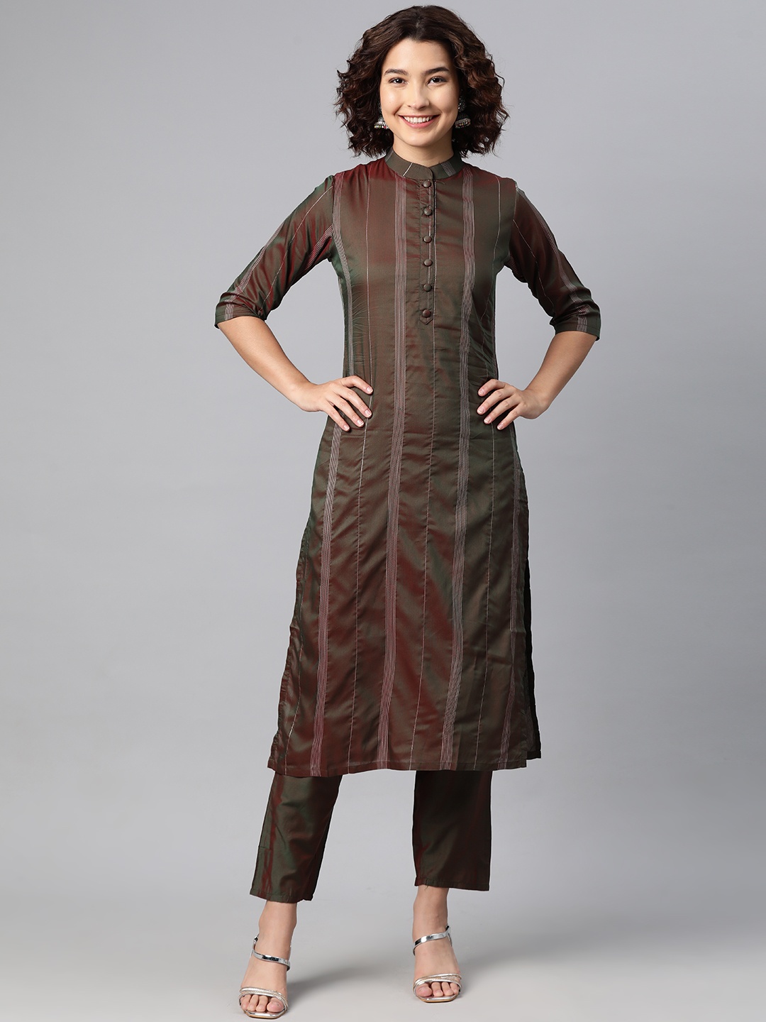 

V TRADITION Women Striped Regular Kurta with Trousers, Brown