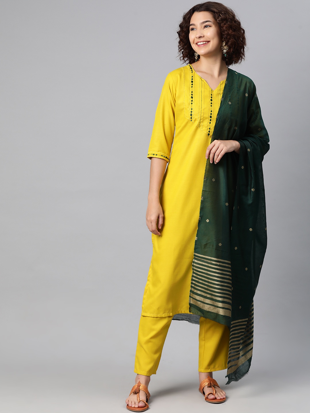 

V TRADITION Women Yoke Design Regular Kurta with Trousers & With Dupatta, Yellow