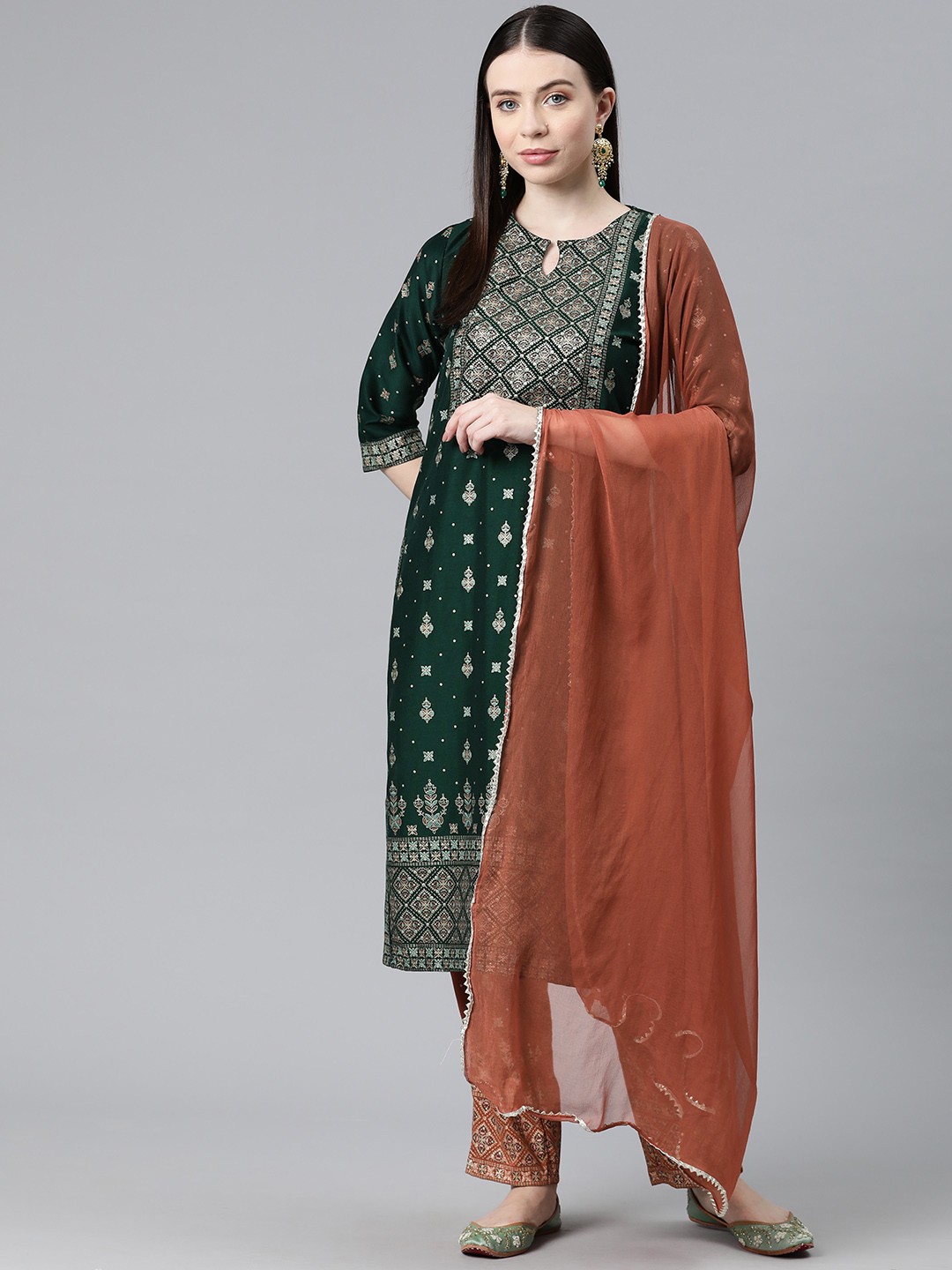

V TRADITION Ethnic Motifs Printed Keyhole Neck Kurta with Trousers & Dupatta, Green
