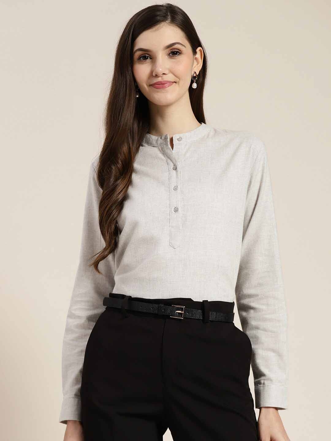 

Hancock Mandarin Collar Cotton Shirt Style Formal Top, Grey melange
