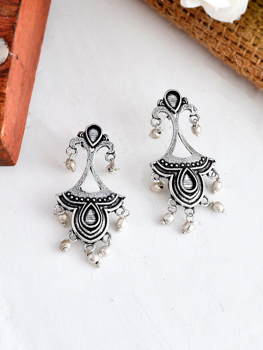 

Ishhaara Brass-Plated Classic Oxidized Drop Earrings, Silver