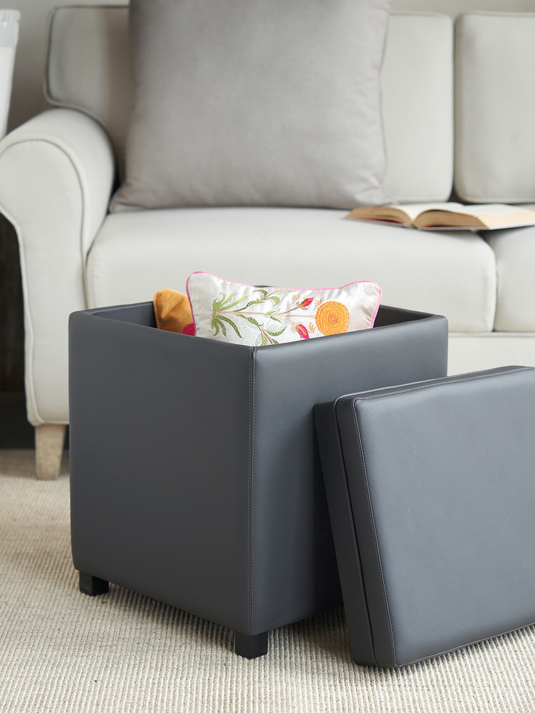 

Pure Home and Living Grey Faux Leather Pouffe With Storage Ottomans