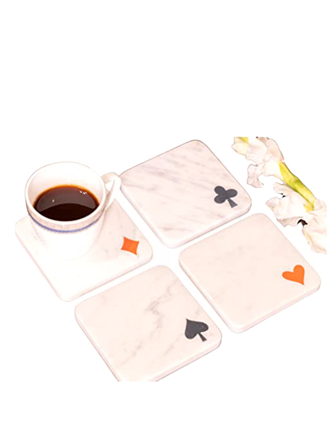 

Perpetual 4-Pcs White Printed Marble Square Coasters With Brass Inlay Work