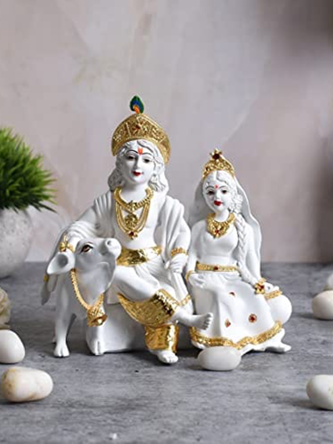 

Perpetual White Radha Krishna With Cow Showpiece, Gold