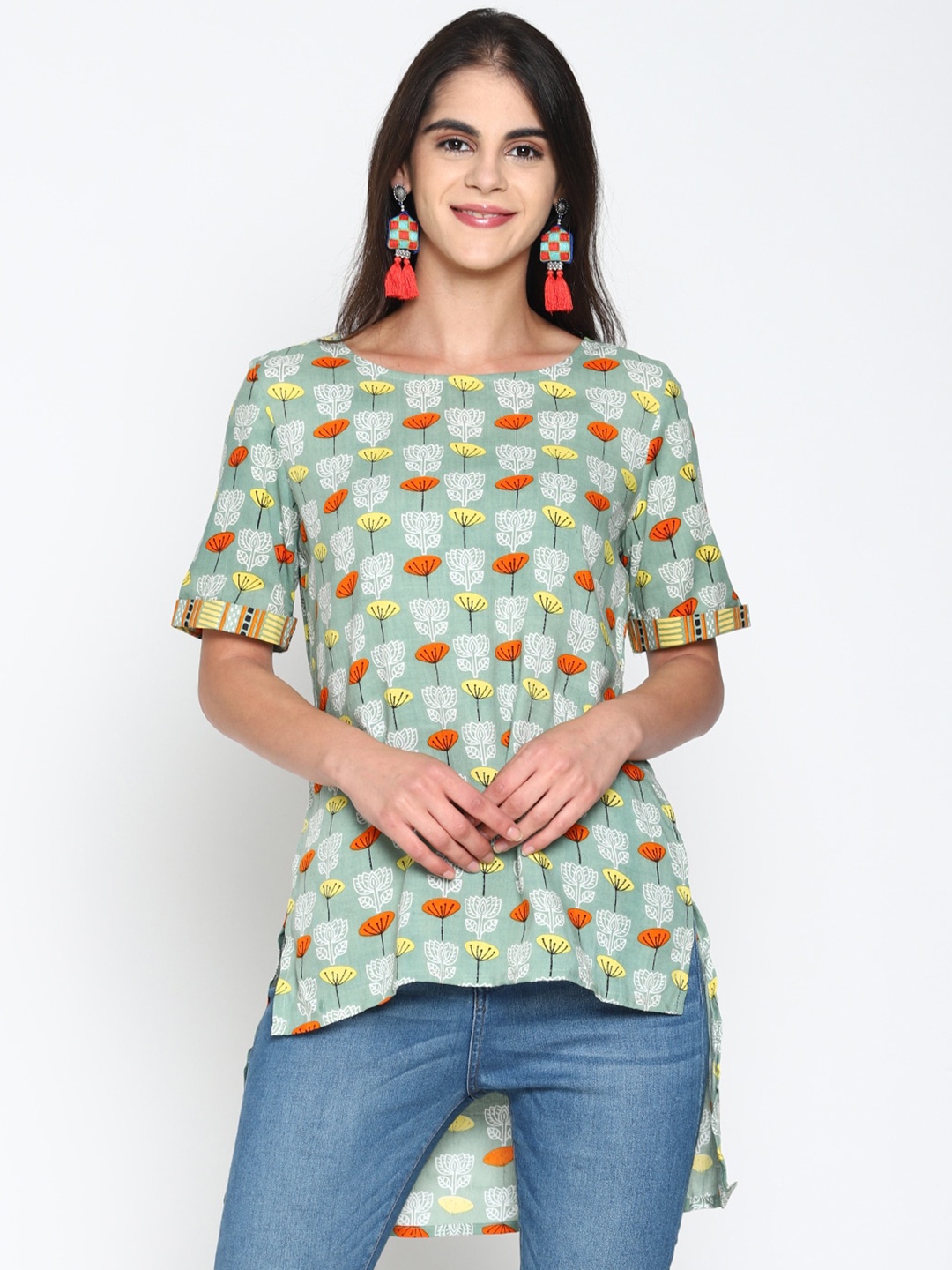 

UNTUNG Floral Printed High-Low Longline Top, Green