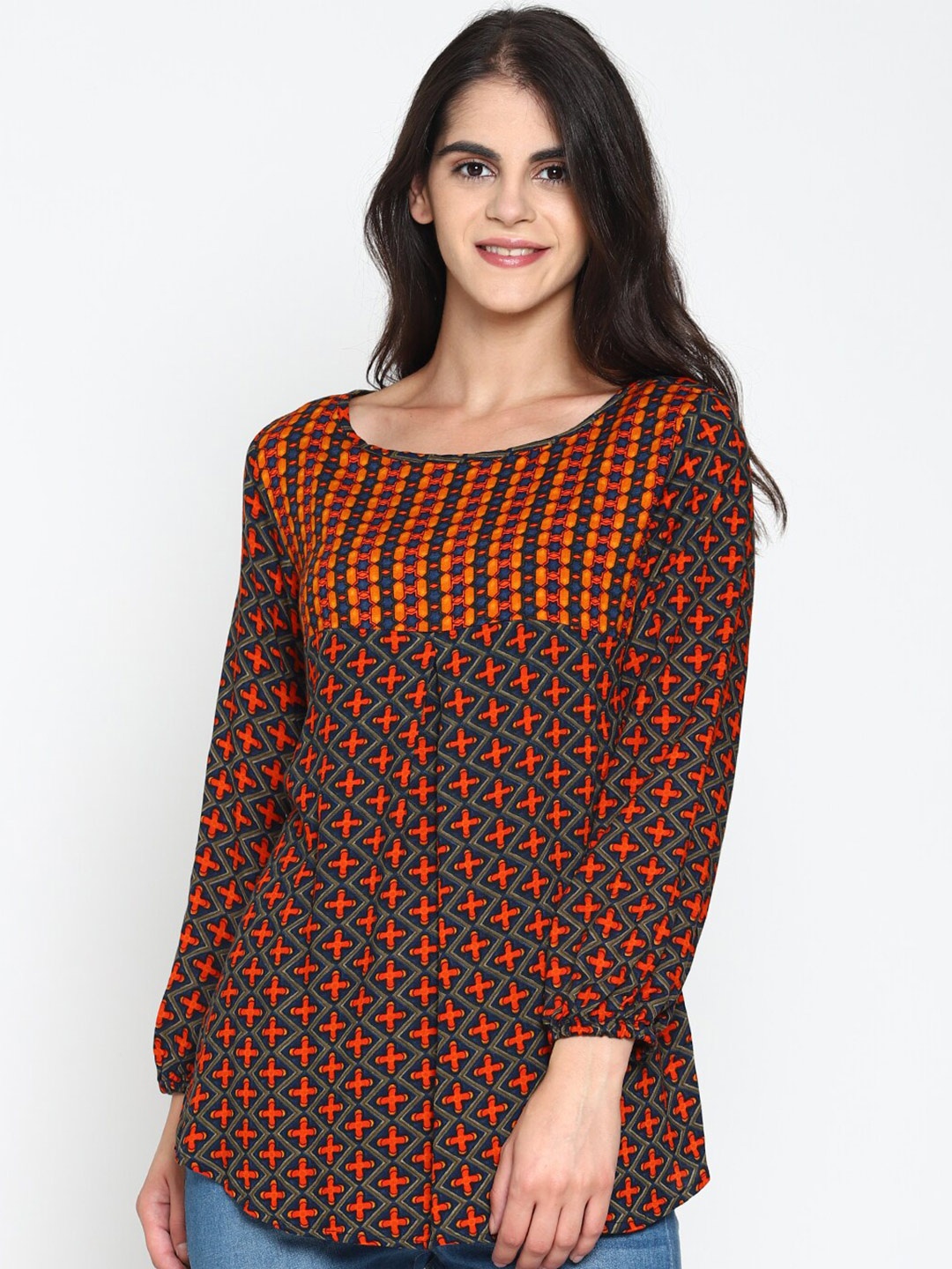 

UNTUNG Geometric Printed Round Neck Tunic, Navy blue