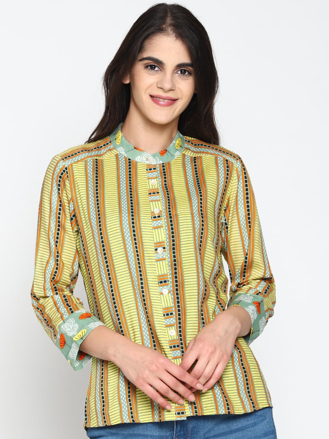 

UNTUNG Standard Abstract Printed Mandarin Collar Casual Shirt, Yellow