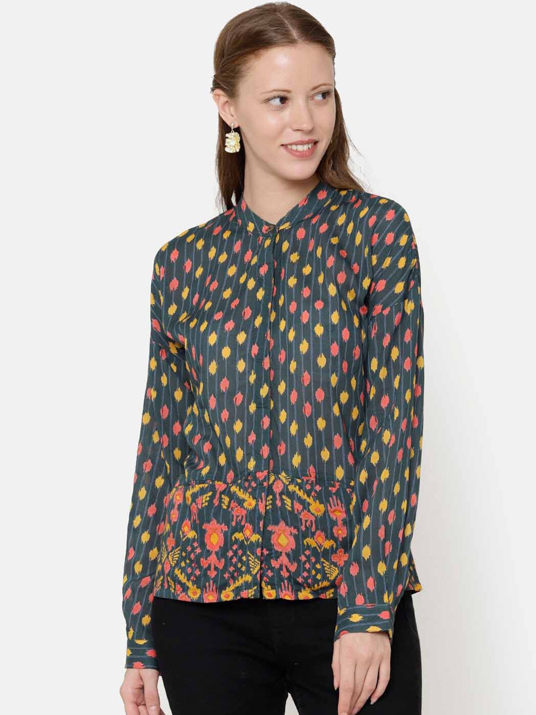 

UNTUNG Standard Mandarin Collar Abstract Opaque Printed Modal Casual Shirt, Green