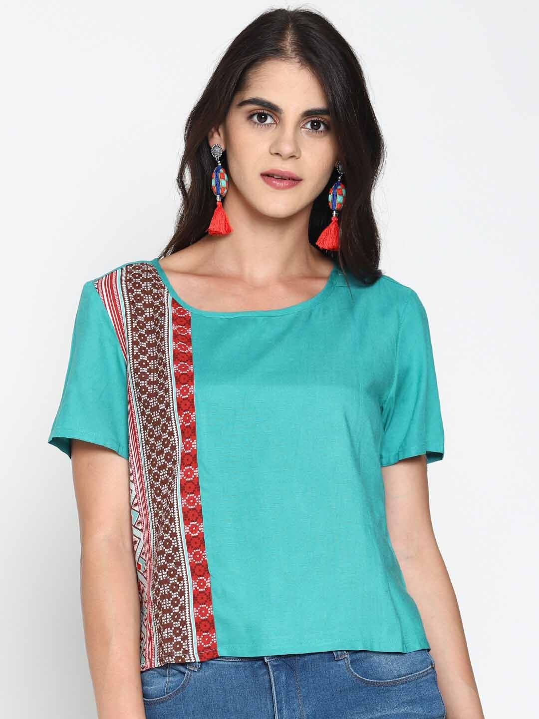 

UNTUNG Ethnic Motifs Printed Round Neck Top, Blue