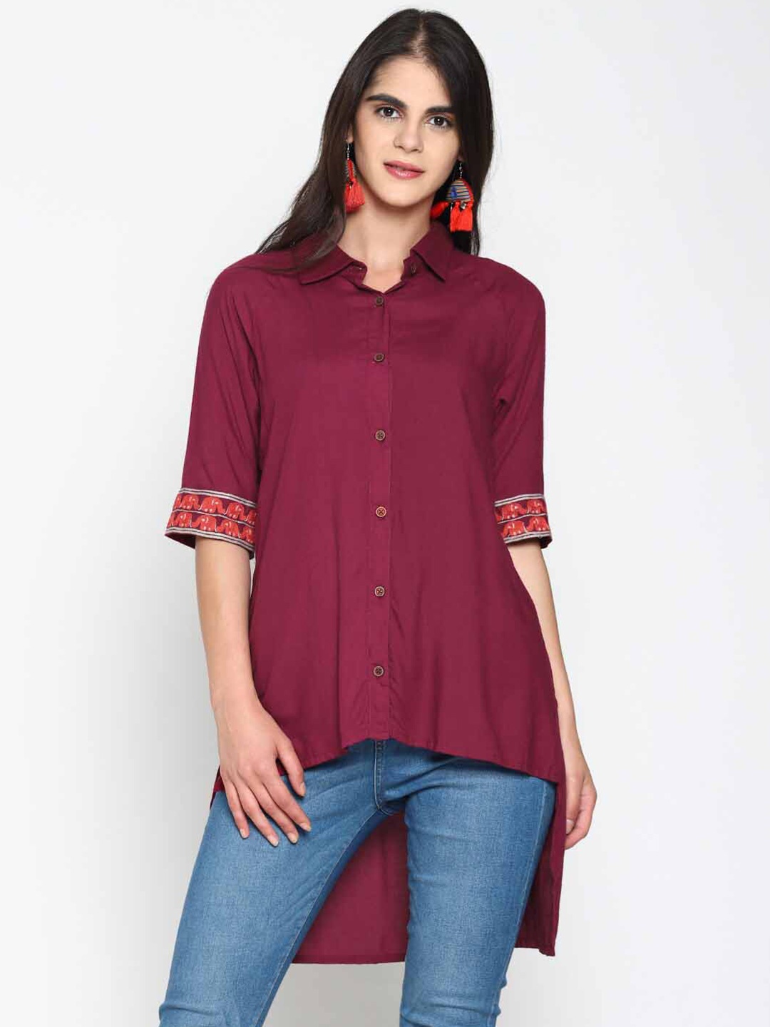 

UNTUNG Standard Opaque Raglan Sleeves Casual Shirt With High-Low Hem, Maroon