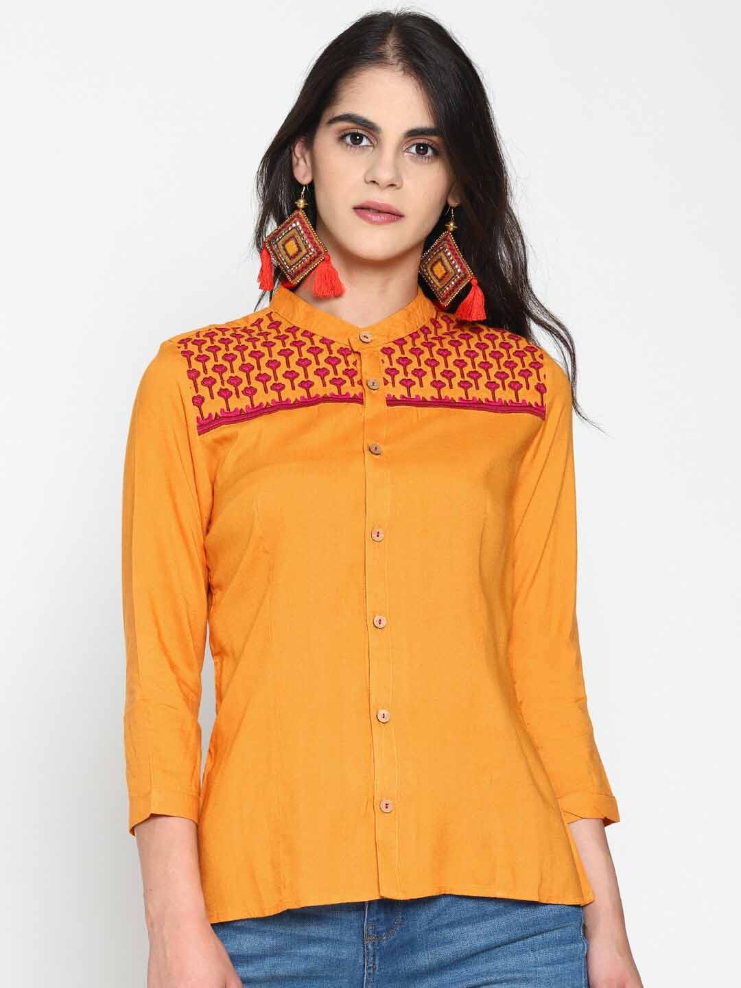 

UNTUNG Standard Mandarin Collar Opaque Casual Shirt With Embroidered Yoke, Mustard
