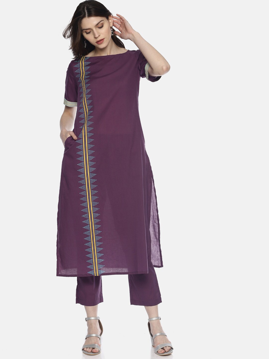 

UNTUNG Boat Neck Short Sleeves Cotton Kurta, Purple