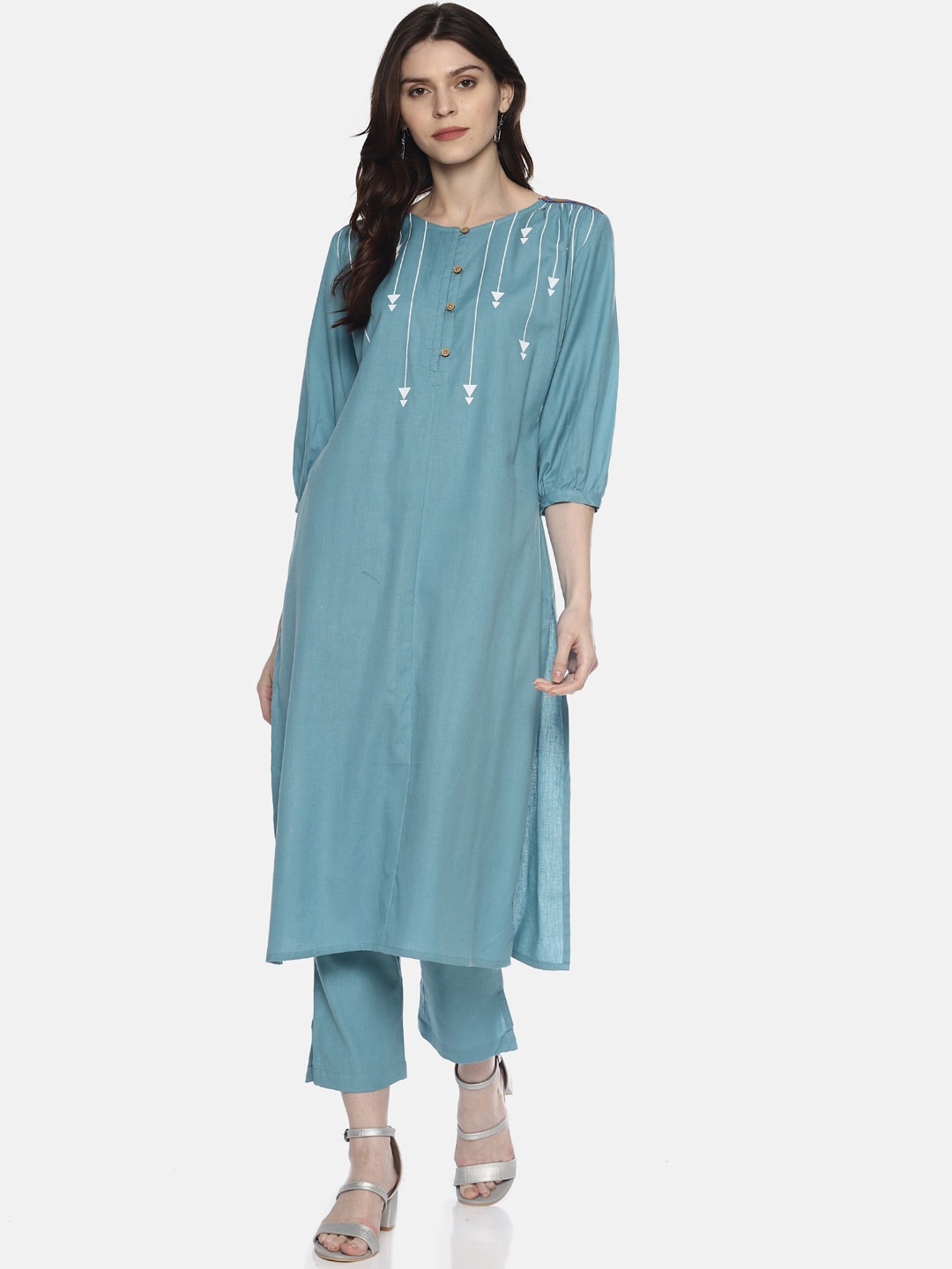 

UNTUNG Round Neck Roll-Up Sleeves Cotton Kurta, Blue