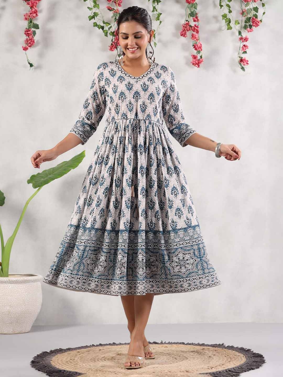 

PIROH Ethnic Motifs Printed V-Neck Gathered Fit & Flare Ethnic Dress, White