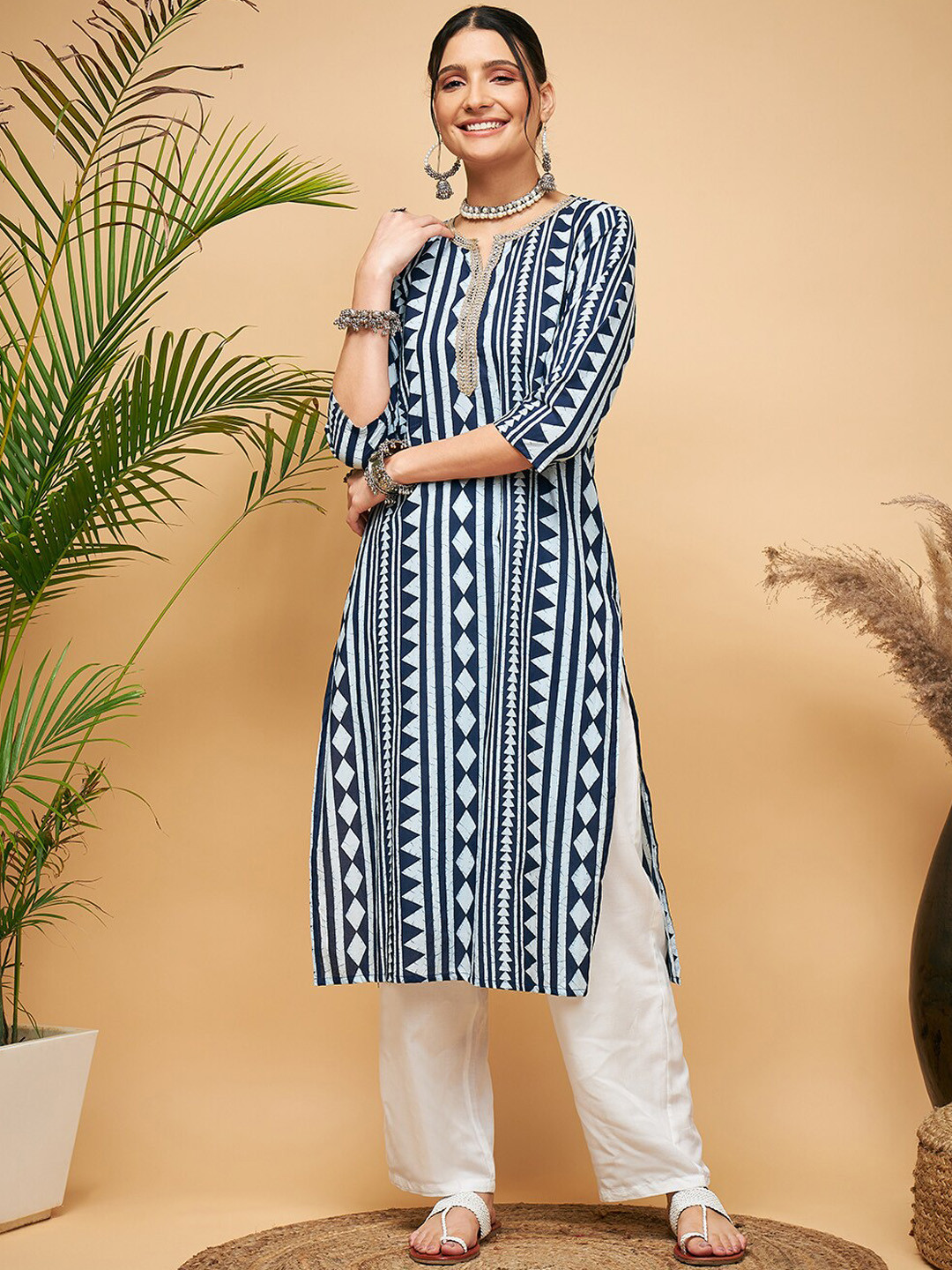 

InWeave Striped Thread Work Detailed Round Neck Kurta, White