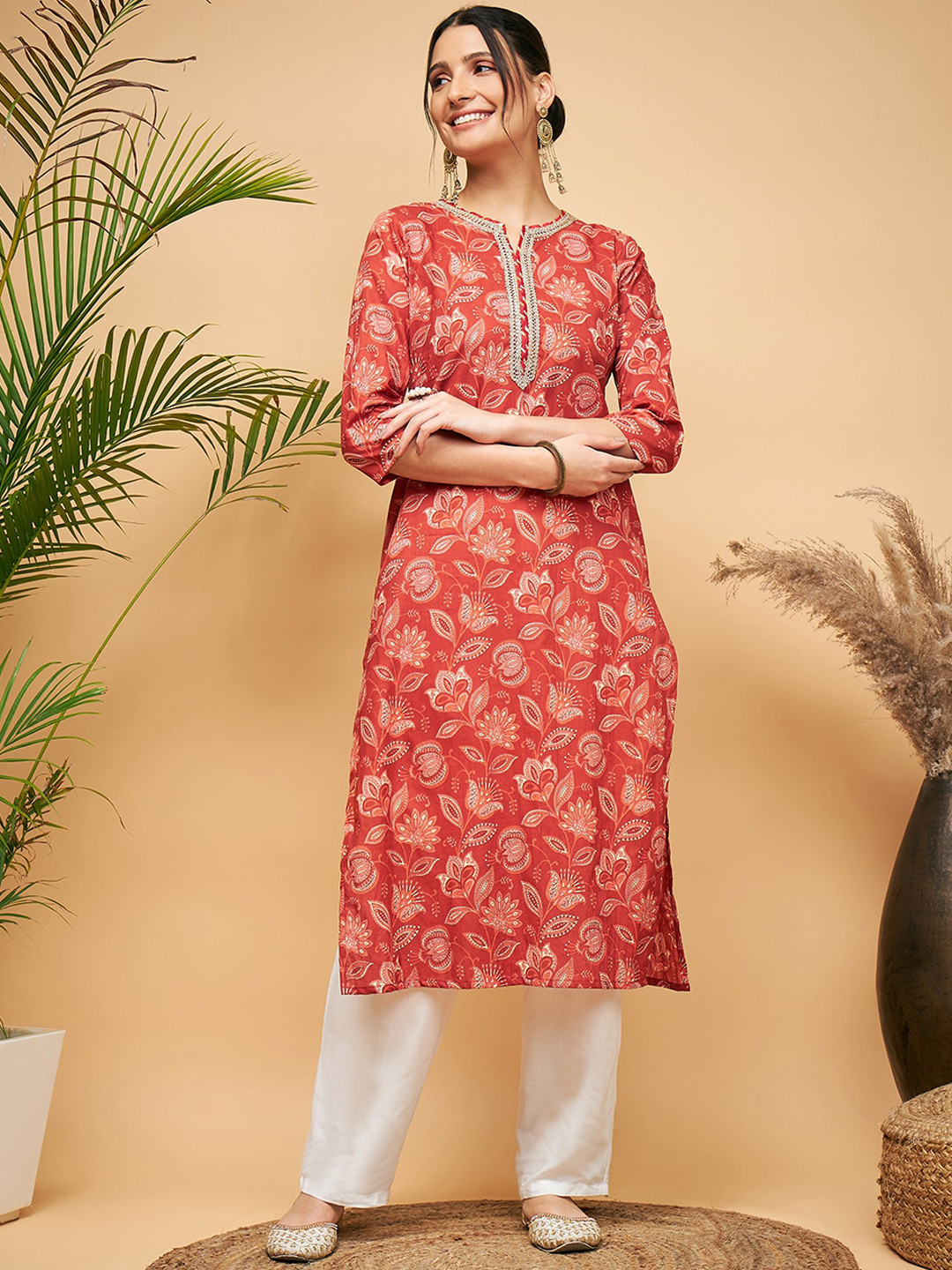 

InWeave Rust Floral Printed Cotton Kurta