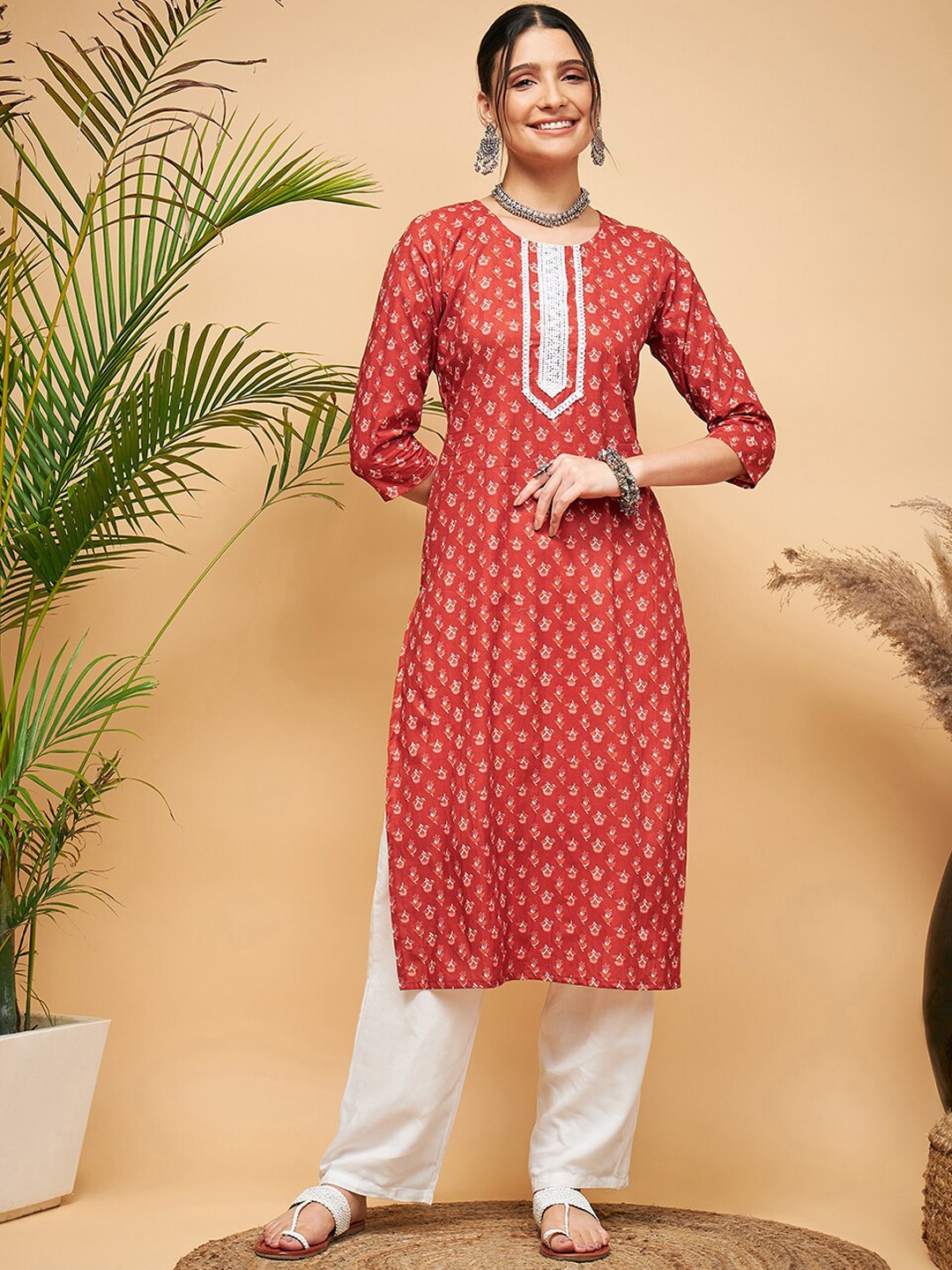 

InWeave Floral Printed Thread Work Cotton Straight Kurta, Rust