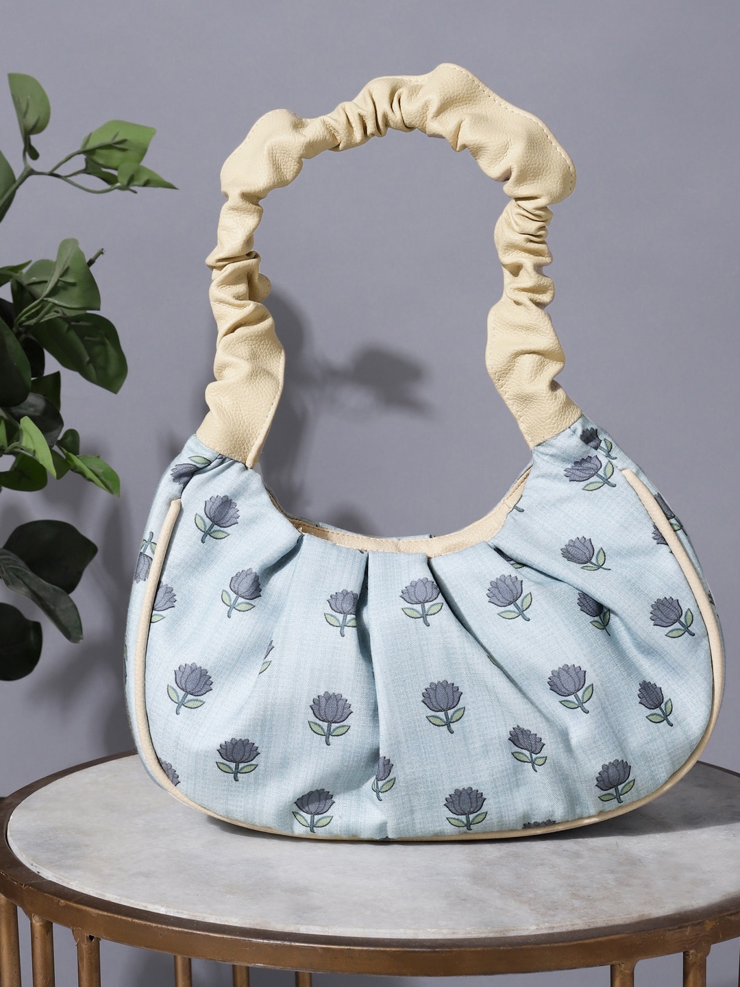 

DEEBACO Floral Printed Half Moon Cotton Handheld Bag, Blue