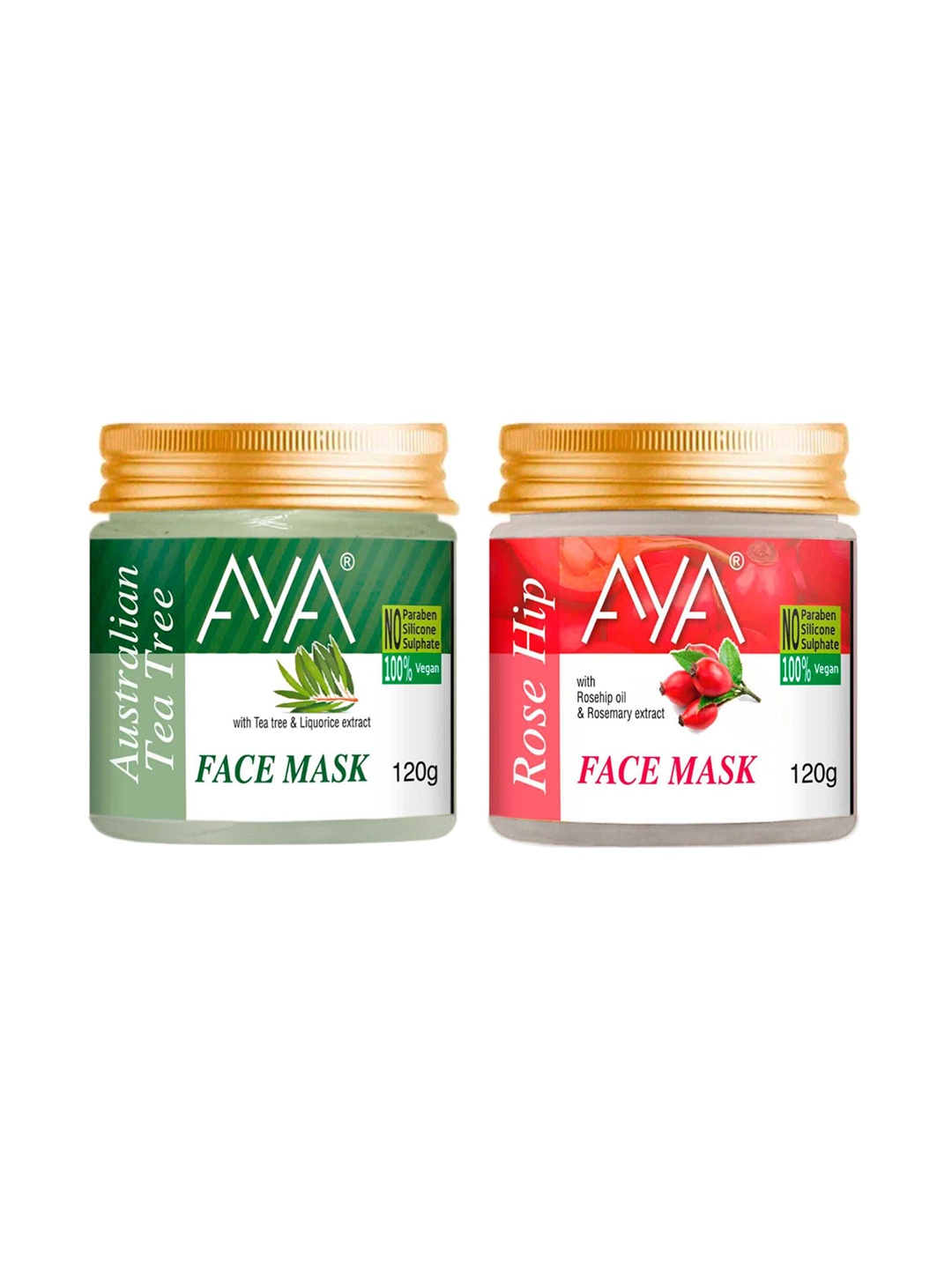 

AYA Set Of 2 Paraben Free Face Masks - Australian Tea Tree & Rose Hip - 120g Each, Green