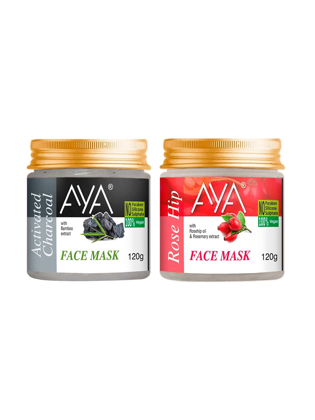 

AYA Set Of 2 Face Masks - Activated Charcoal & Rose Hip - 120g Each, Black