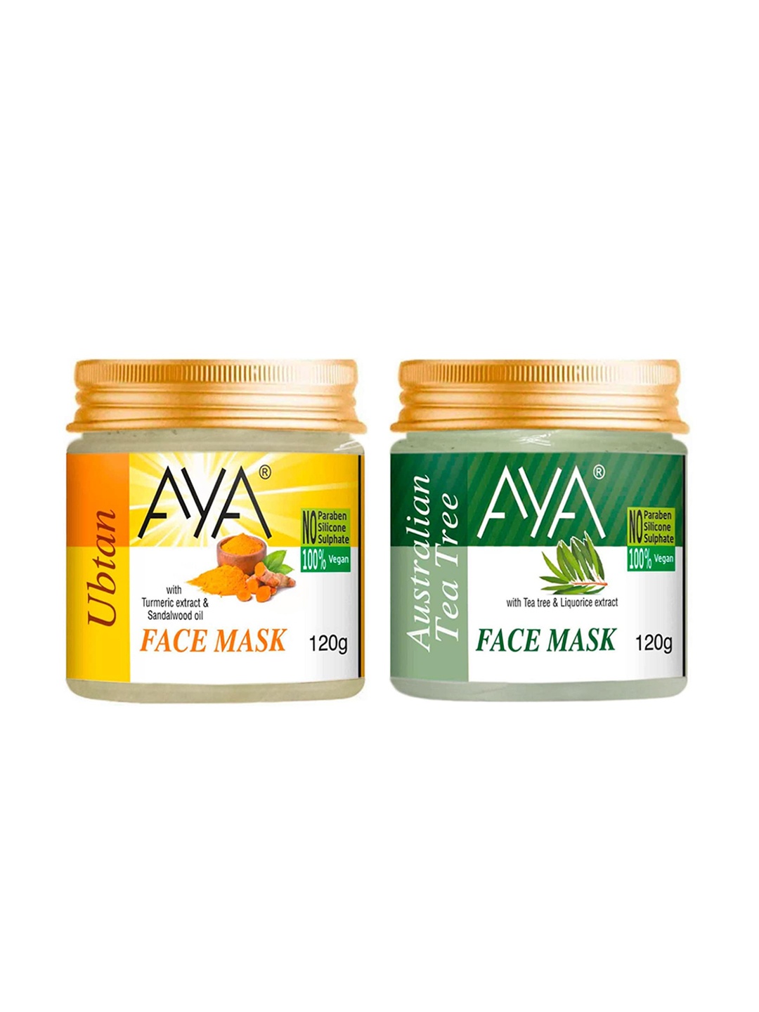 

AYA Set Of 2 Paraben Free Face Masks - Australian Tea Tree & Ubtan - 120g Each, Yellow