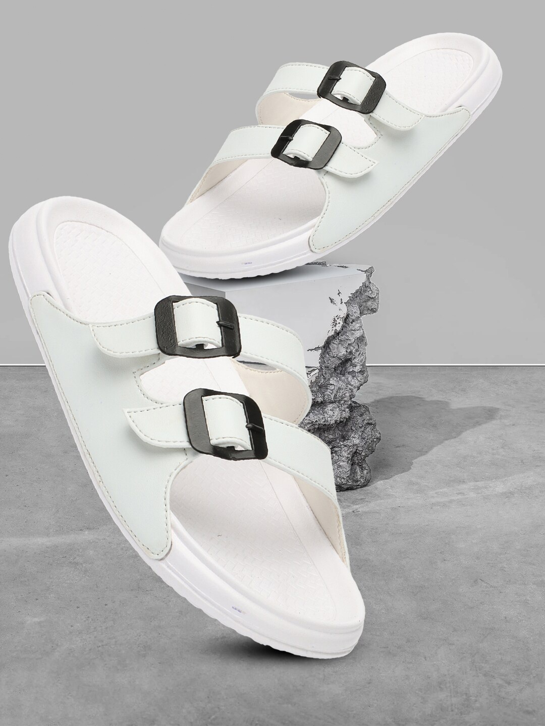 

PERY PAO Men Two Strap Sliders With Buckle Detail, White