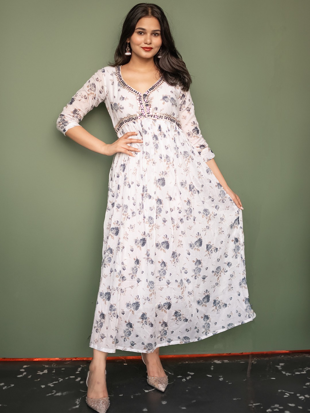 

Libas Floral Embroidered Cotton A-Line Maxi Dress, White