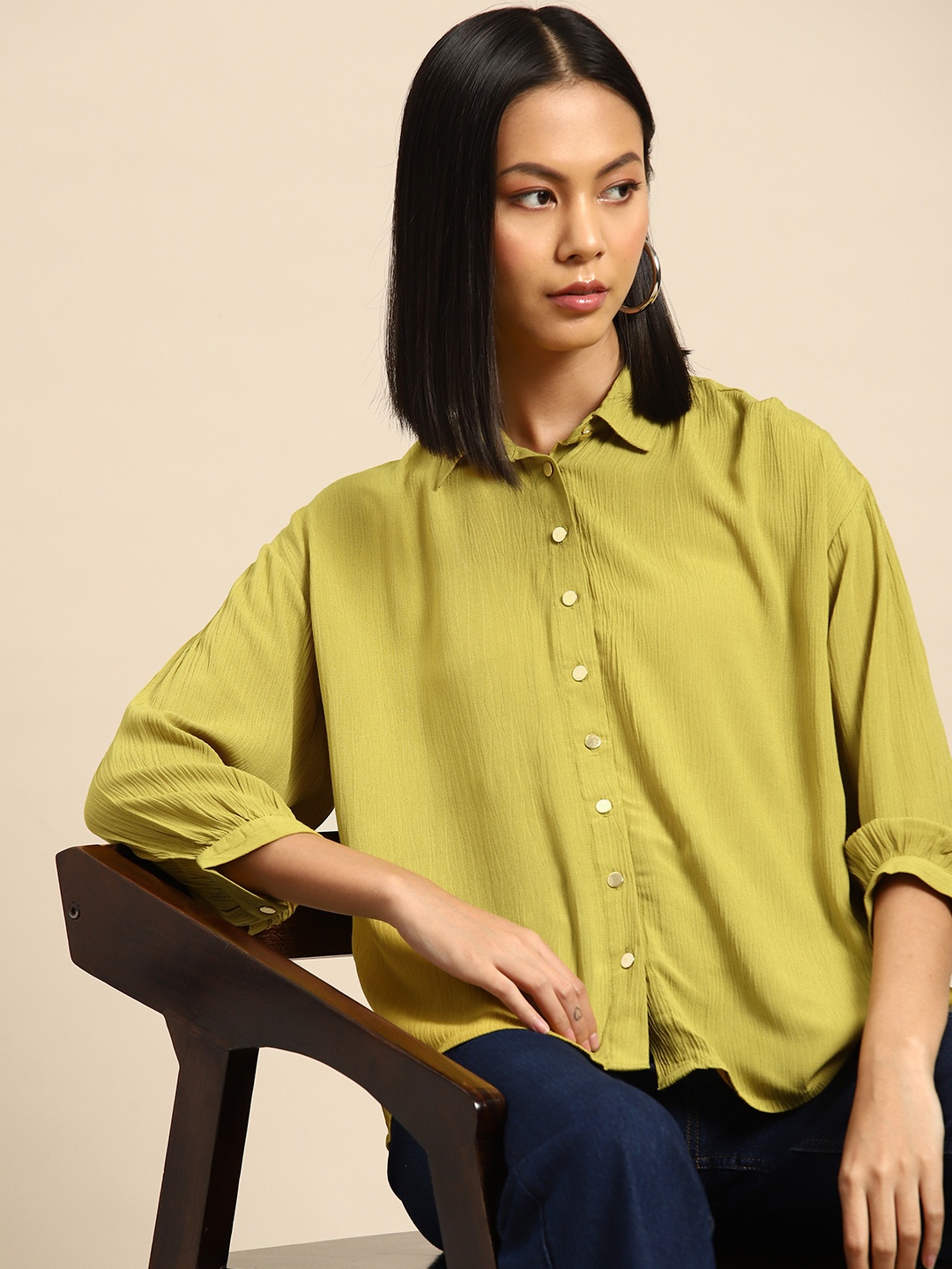 

all about you Crinkle Effect Casual Shirt, Green