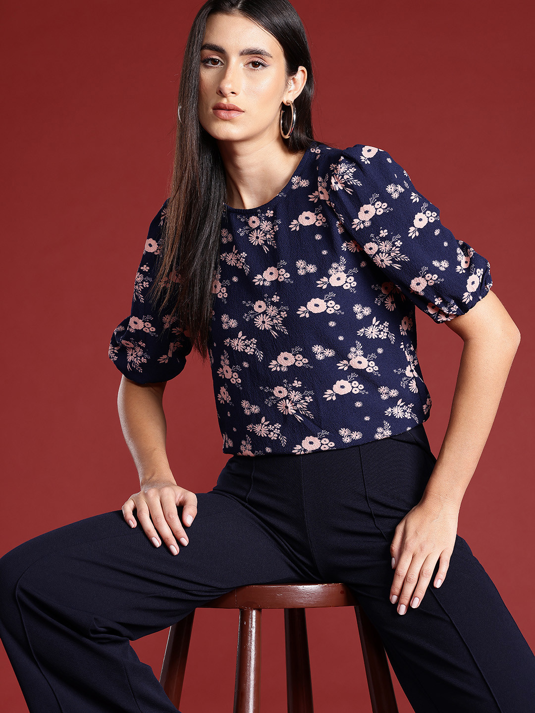 

all about you Floral Print Puff Sleeve Top, Navy blue