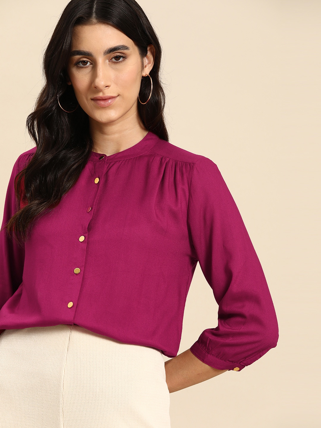 

all about you Women Band Collar Casual Shirt, Magenta
