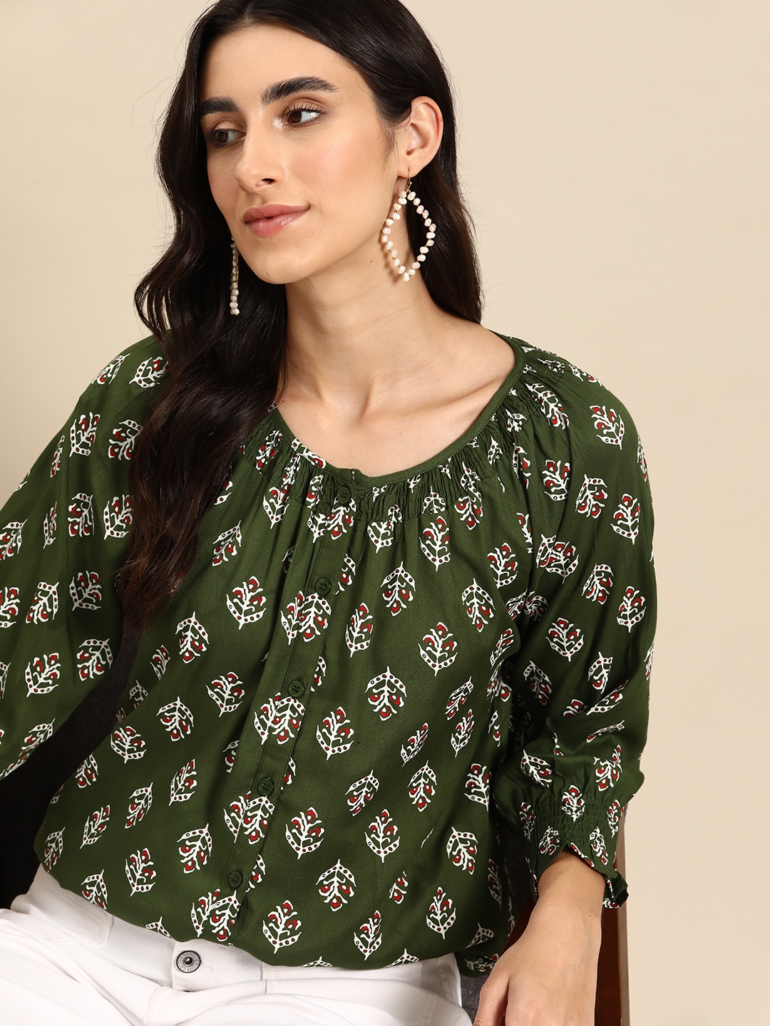 

all about you Ethnic Print Shirt Style Top, Olive