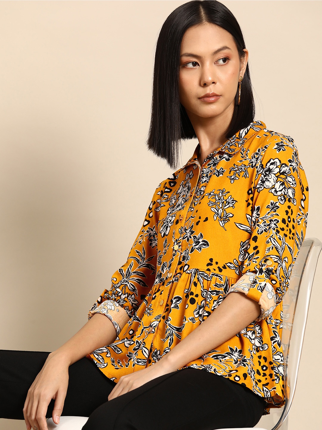 

all about you Floral Print Roll-Up Sleeves Top, Mustard
