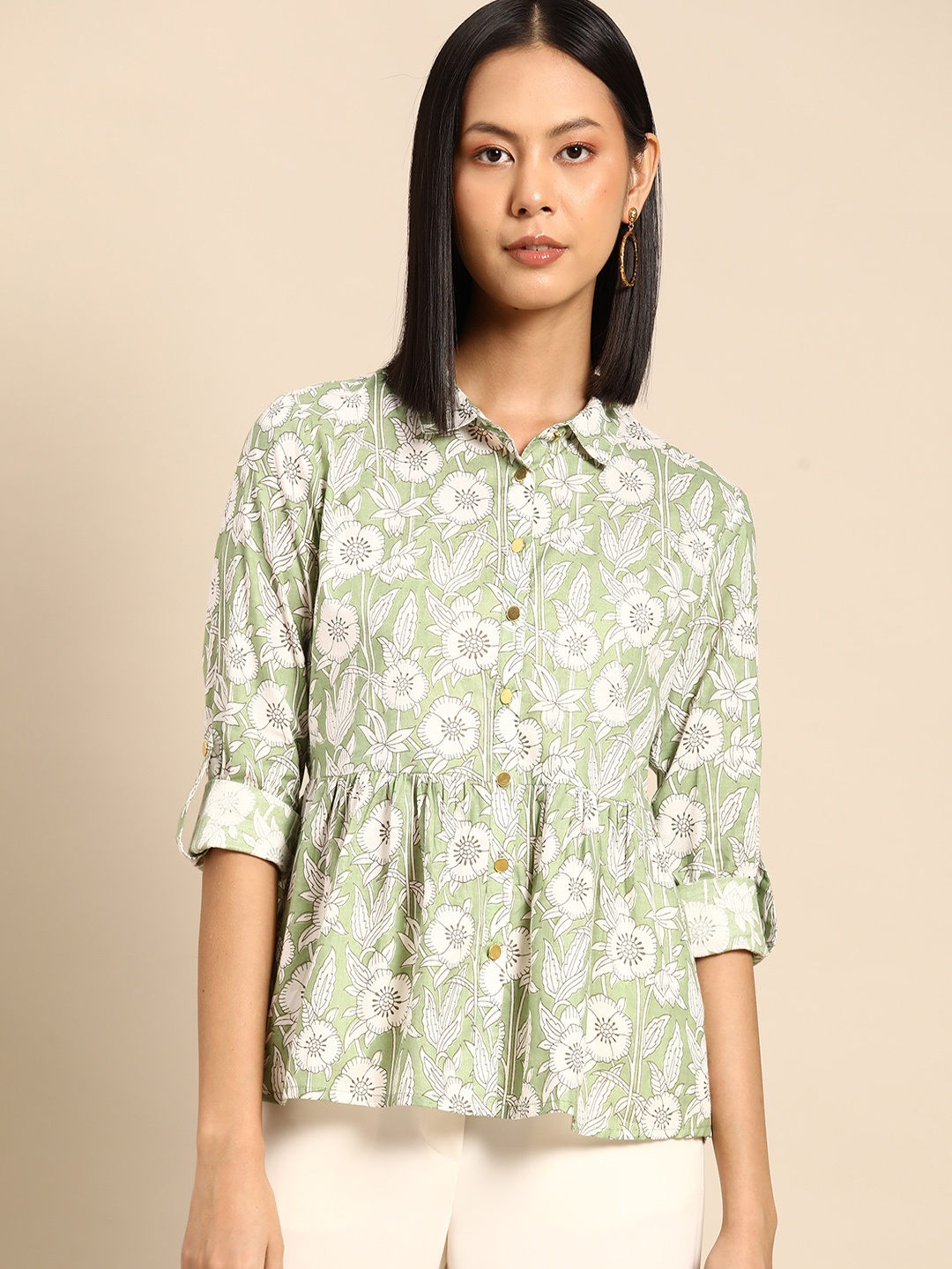 

all about you Pure Cotton Floral Print Roll-Up Sleeves Top, Green