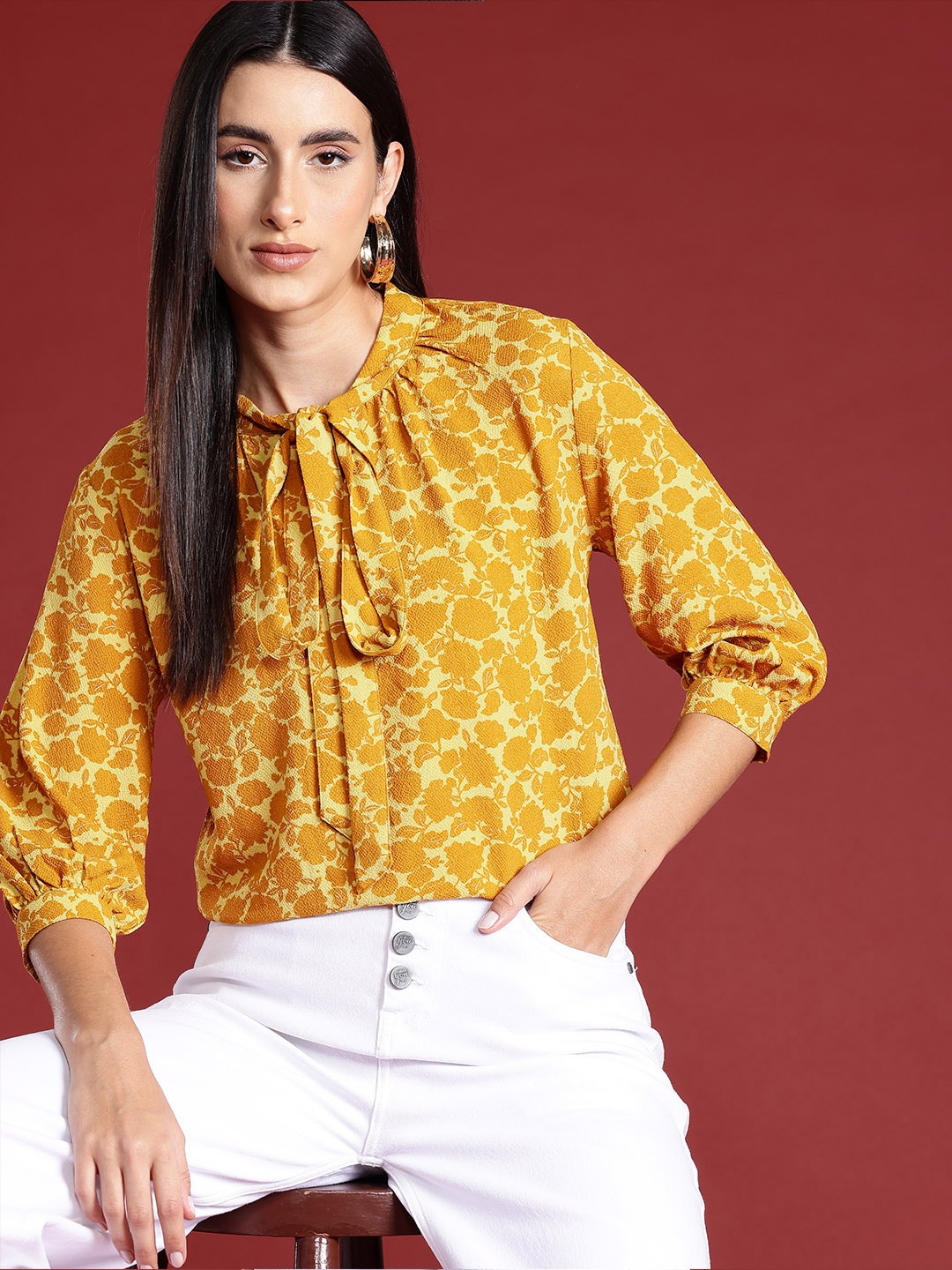 

all about you Floral Print Tie-Up Neck Top, Mustard