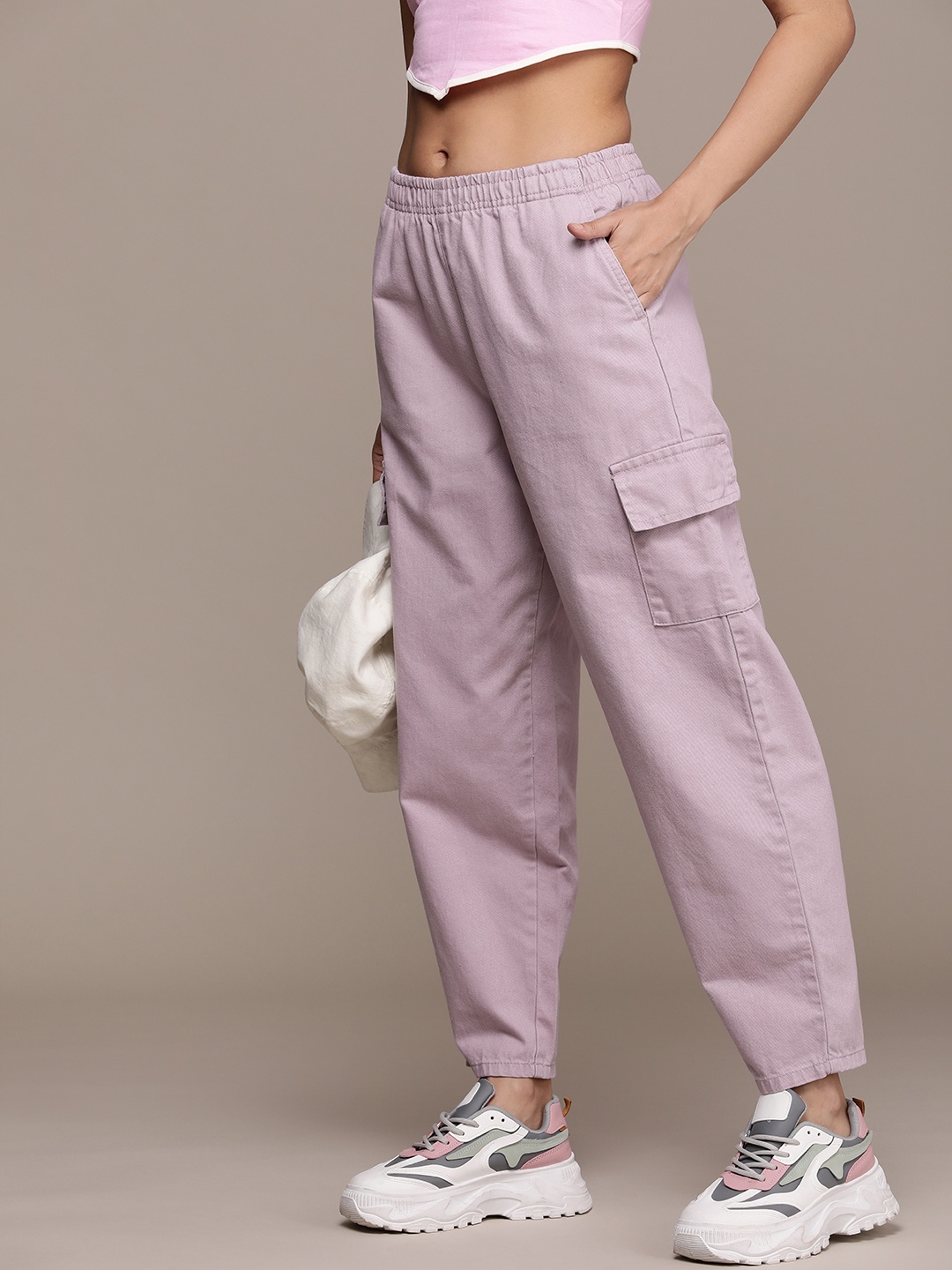 

The Roadster Lifestyle Co. Women Pure Cotton Cargos Trousers, Mauve