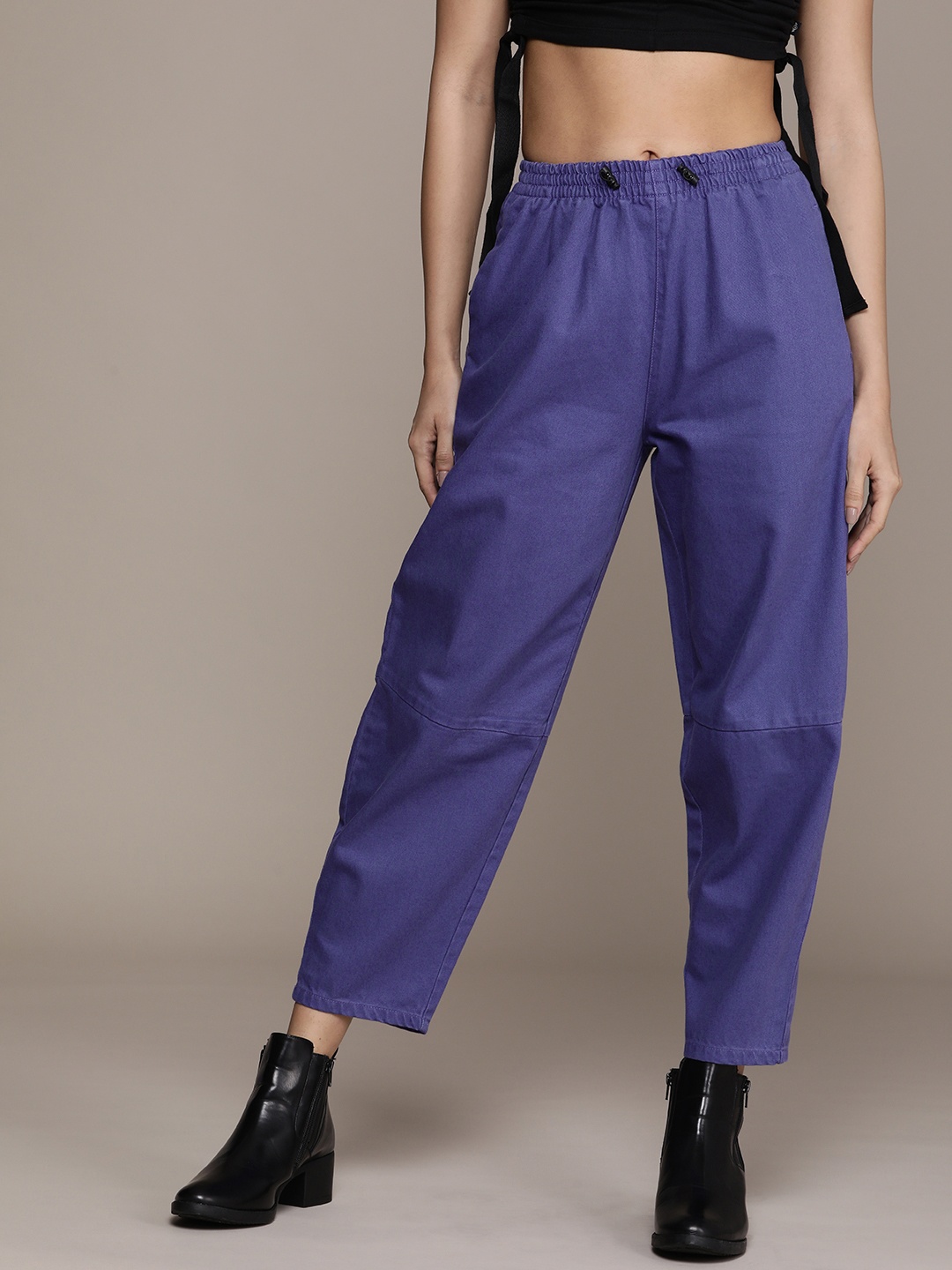

The Roadster Life Co. Women Solid Mid-Rise Pure Cotton Regular Trousers, Purple