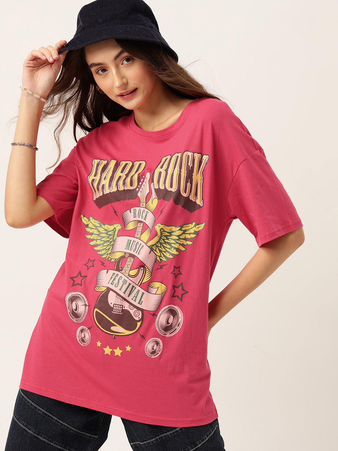 

DressBerry Women Printed Pure Cotton Longline T-shirt, Pink